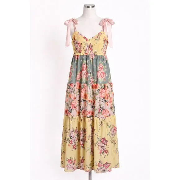 Floral Boho Maxi Dress Tiered Tie Shoulder est. Med Free People "Bluebell"-Insp - Picture 2 of 9